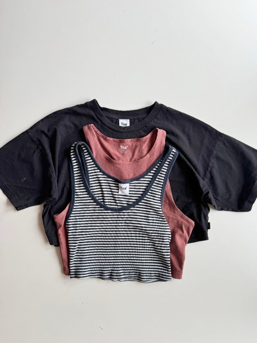 Lot of 3 Aritzia TNA Size S Tops - Laid Back Tee, Pink Chill & Striped Rib Tanks